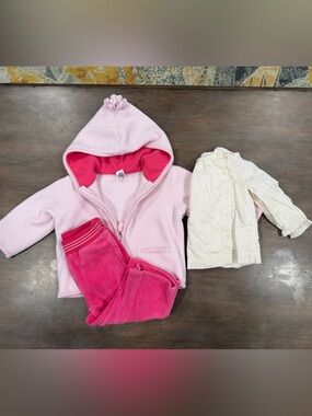 Pink Hooded Jacket & Pink Velour Pants Set with Cream Top 6-12m